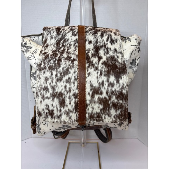 Myra Bag Handbags - Myra Bag Cowhide Hair On Hide Floral Canvas Backpack Brown White Gray Boho